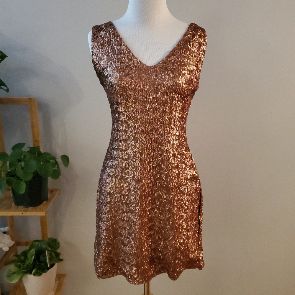 Bebe gold/copper sequin lace up back dress